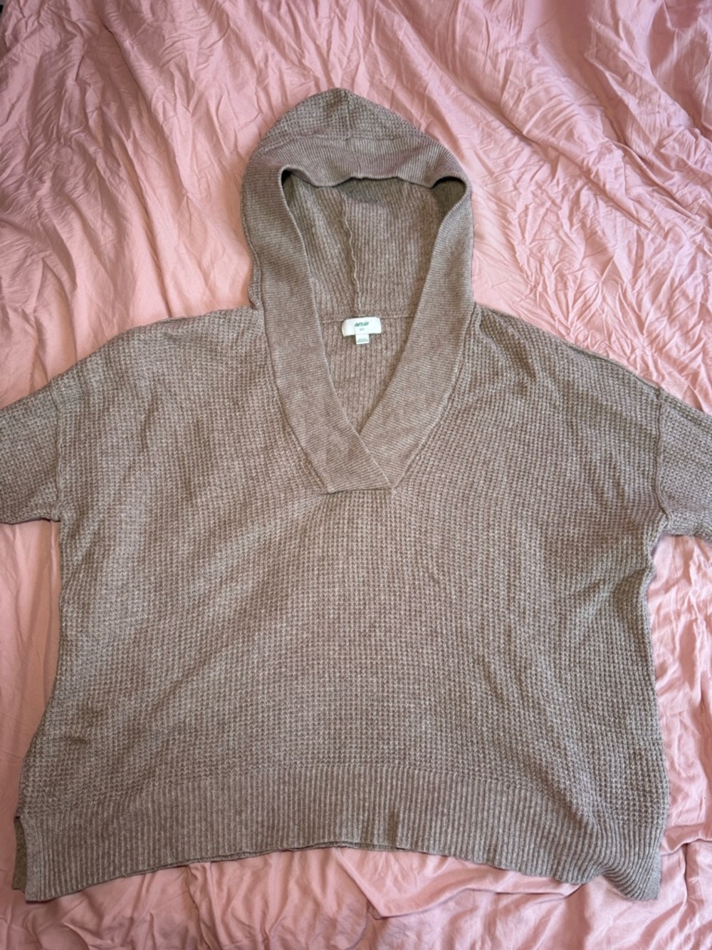 Aerie Soft Hooded Knit Sweater in Taupe